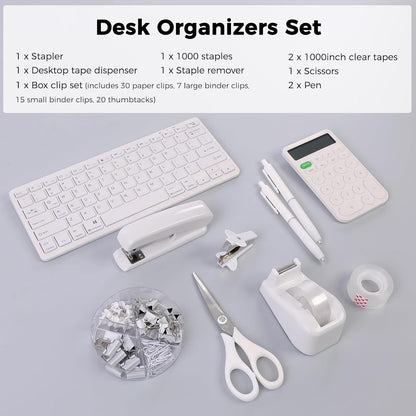 SKYDUE White Office Supplies Set, Desk Accessories, Stapler, Tape Dispenser, Scissors, Binder/Paper Clips and 1000pcs Staples, Office Decor for Women