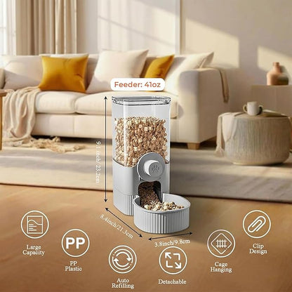 Auto Gravity Food Dispenser for Cage Hanging, 41OZ Capacity Hanging Automatic Pet Cage Feeder, Food Bowl for Cats Dogs Rabbit Ferret Chinchilla Bird Hedgehog Guinea Pig (Grey)