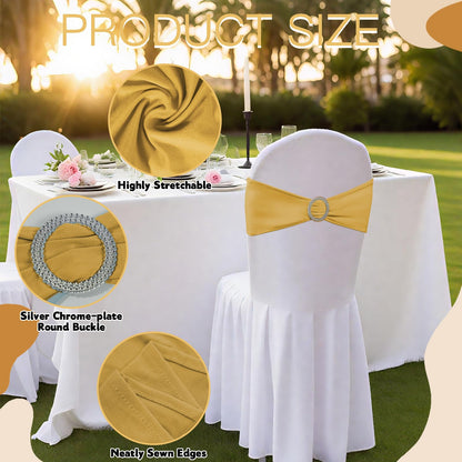 150 Pack Spandex Stretch Chair Sashes Bows, Elastic Stretch Chair Cover Bands Ties with Buckle Slider for Wedding Party Ceremony Reception Event Banquet Decoration (Gold)