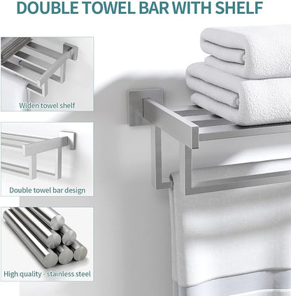 Towel Racks for Bathroom Wall Mounted, 24 Inch Double Towel Bar, Dual Towel Rack with Shelf, Stainless Steel Hand Towel Hanger, Bath Towel Holder for Wall, Brushed Nickel