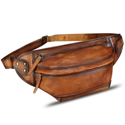 Genuine Leather Fanny Packs for Men and Women Hip Waist Bag Real Leather Fanny Sling Bag Crossbody Chest Purse (Brown)