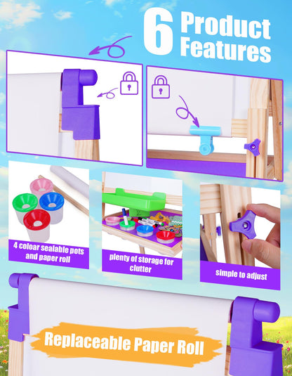 JOYOOSS Art Easel for Kids Easels for Toddlers,Wooden Kid Easel with Paper Roll - Chalkboard for Kids Adjustable Double Sided Dry Erase Board,Toddler Art Easel for Kid Ages 4-8