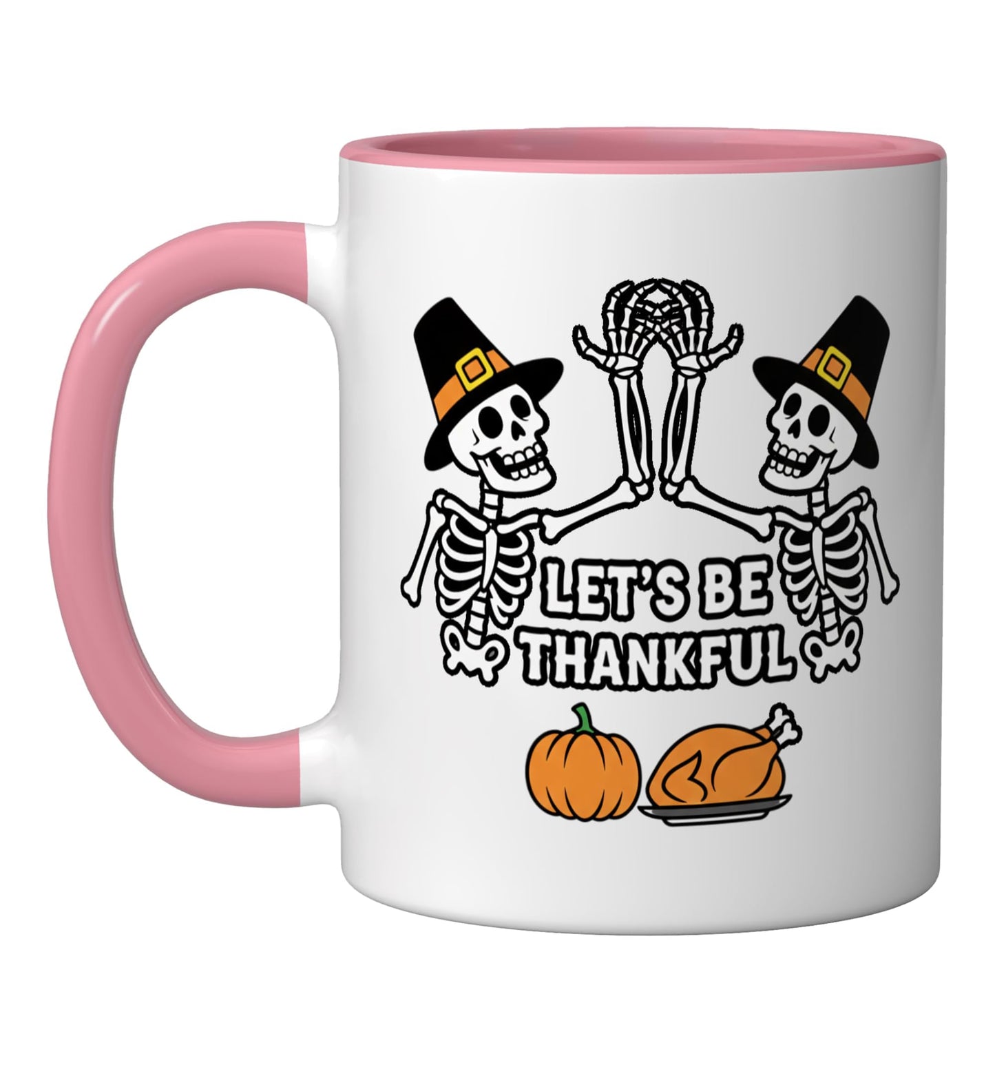 LET'S BE THANKFUL, Halloween Skeletons With Pumpk Ceramic Mug, Pink/White