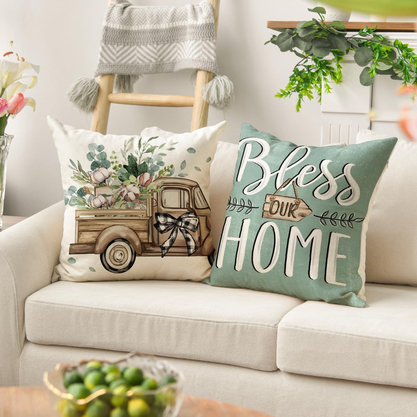 AVOIN colorlife Bless Our Home Farmhouse Eucalyptus Leaves Throw Pillow Covers, 20 x 20 Inch Blue Truck Home Sweet Cushion Case Decorations Set of 4