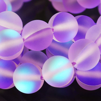 Matte Purple Aurora Crystal Glass Beads, 10MM Frosted Glitter Shining Mermaid Round Loose Beads, Rainbow Holographic Synthetic Moonstone for Jewelry Making DIY Bracelet