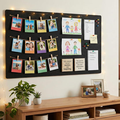 DexBoard Foldable 72x 48 inch Large Bulletin Board for Wall, Decorative Picture Display Felt Board with Self-Adhesive Tape for School, Home, Kitchen & Office Walls, Includes 30 Pins, Black