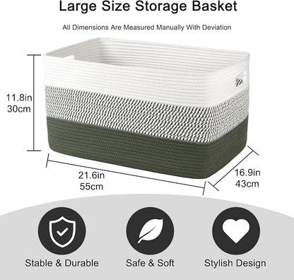 OIAHOMY Large Blanket Basket, 22”x17”x12” Rectangle Woven Baskets, Nursery Blanket Storage Living Room, Toy Storage With Handle, Large Baskets for Organizing-Green/White