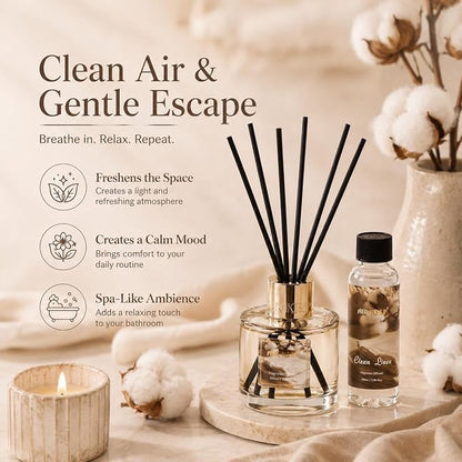 Airkeep Reed Diffuser Set with Refill & 8 Reed Sticks, 6.96 fl oz Clean Linen Home Fragrance, Long Lasting Aromatherapy Diffuser for Bedroom, Bathroom & Living Room