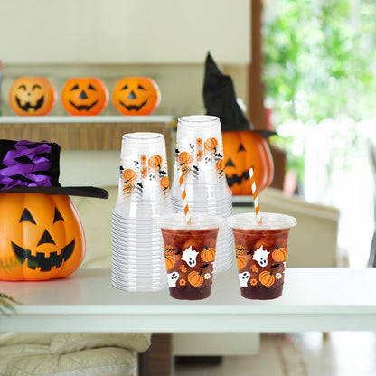 Whaline 50Pcs 12Oz Halloween Plastic Cups with Lids & Straws Pumpkin Ghost Disposable Clear Drinking Cups with Black Ribbon for Birthday Party Supplies
