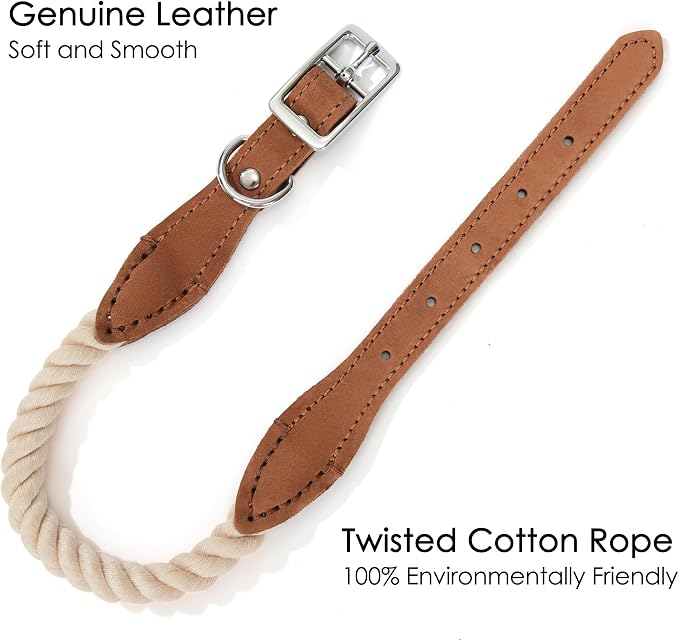 Mile High Life Genuine Leather Dog Collar, Durable Braided Cotton Rope Collar with Metal Pin Buckle for Small Medium Large Dogs (Beige, S Neck 11"-15")