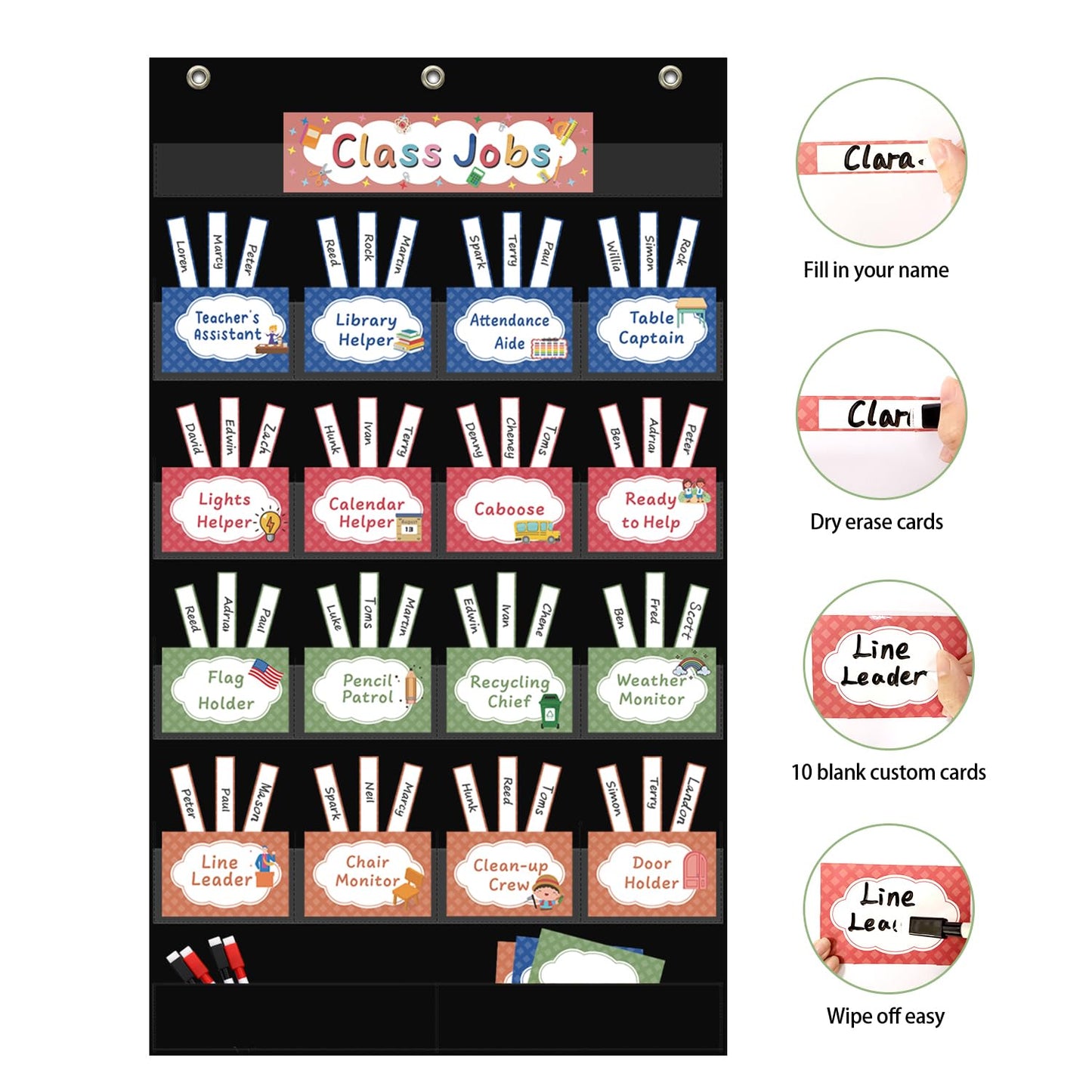 REGELETO Class Jobs Pocket Chart with 17 Pockets and 2 Storage Bags,73 Cards Class Management Educational Pocket Chart Teacher's Helper Size: 32.6" L x 19.6 H Bulletin Board for Classroom (Black)
