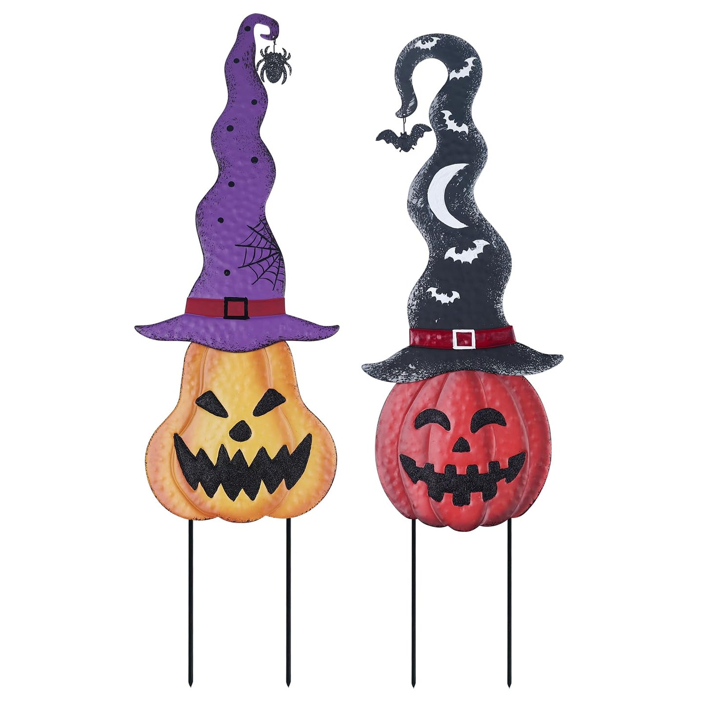 YEAHOME Halloween Decorations Outdoor, Set of 2 Pumpkin Garden Stakes with Witch Hats for Halloween Decor, Jack o' Lantern Metal Pumpkin Yard Signs for Outside Garden Lawn Patio Party Decorations