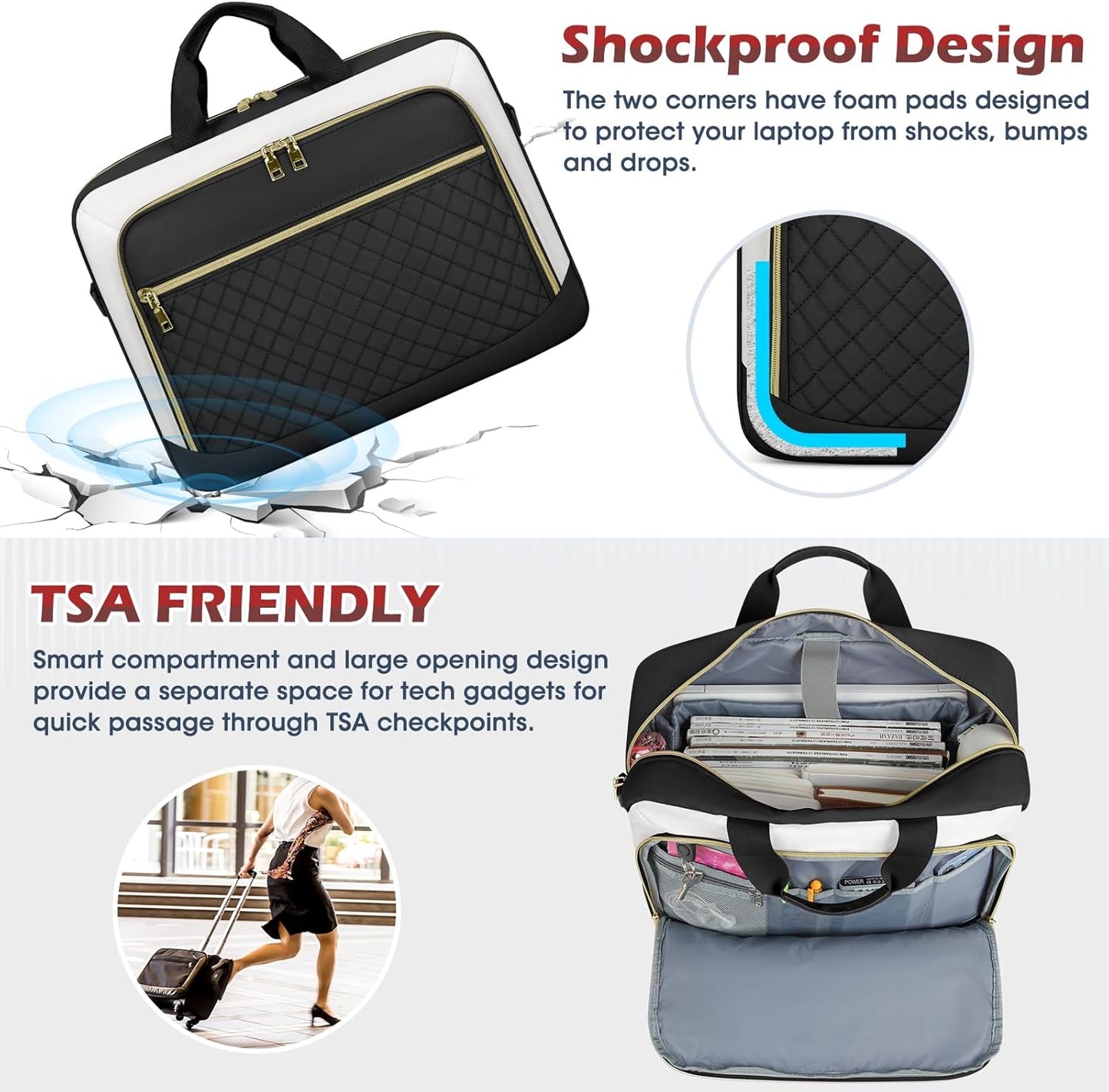 NEWHEY Laptop Bag 17.3 Inch Laptop Briefcase for Women Men Waterproof Shoulder Messenger Bag Large Computer Bag for Business Office Work College, Black&Beige