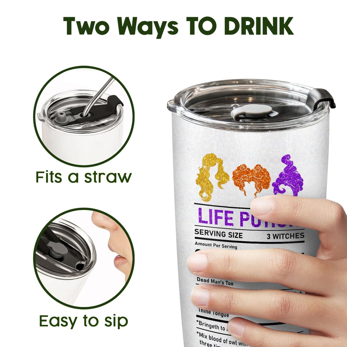 34HD Funny Witch Brew Tumbler 20oz Stainless Steel Insulated - Hocus Nutrition Facts for Halloween Fans - Birthday Present for Men & Movie Fans