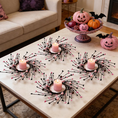4 Pcs Pink Halloween Mini Candle Ring Wreaths Black Twig & Pink Buds with Bead Accents Artificial Pillar Candle Holder Wreath for Spooky Cute Gothic Home Cabinet Table Porch Decoration