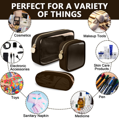 UIXIZQ Clear Small Pencil Pouch Makeup Bag for Purse,Nylon&PVC Pencil Case Waterproof Makeup Brush Holder with Zipper,Preppy Transparent Pen Bag Travel Cosmetic Bag for Women Office(Slim-Chocolate)