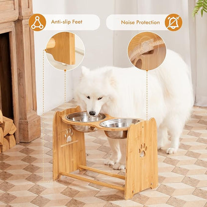 X-ZONE PET Elevated Dog Bowls for Cats and Dogs, Adjustable Bamboo Raised Dog Bowls for Large Dog, Food and Water Stand Feeder with 2 Stainless Steel Anti Slip Feet (Height 7.9" to 11.4" to 15")…