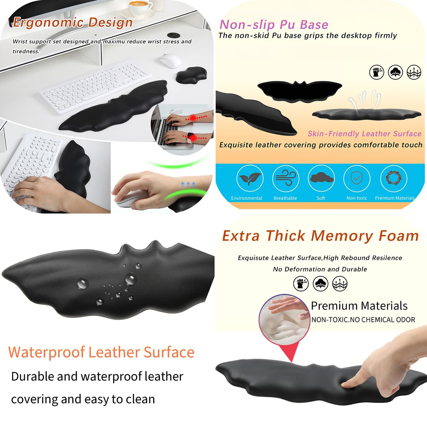 Tscuite Keyboard Wrist Rest - Soft Leather Halloween Bat Wrist Pad for Mouse Wrist Rest with Non-Slip Base, Wrist Pad for Keyboard,Arm Rest for Desk Computer Laptop Mac Gaming Office Black