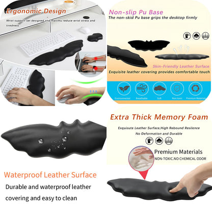 Tscuite Keyboard Wrist Rest - Soft Leather Halloween Bat Wrist Pad for Mouse Wrist Rest with Non-Slip Base, Wrist Pad for Keyboard,Arm Rest for Desk Computer Laptop Mac Gaming Office Black