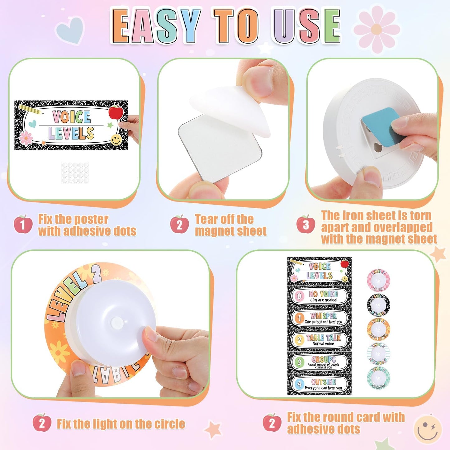 5 Pcs School Push Light and Voice Level Poster Voice Level Chart Monitor Rules Sign LED Tap Light Classroom Rules Poster Noise Chart Classroom Management Tools for Teachers Kids（Composition Style）
