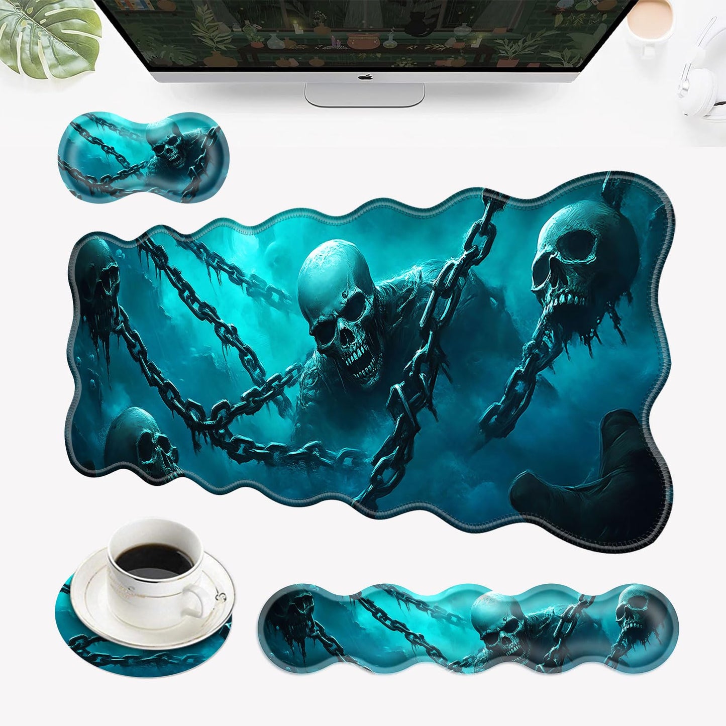 EFGWSDER Desk Mat, Mouse Pad with Wrist Rest, 4-in-1 Large Mouse Pads for Desk, Ergonomic Mouse Pad and Keyboard Wrist Rest Gaming Keyboard Mat for Office,Cool Skulls
