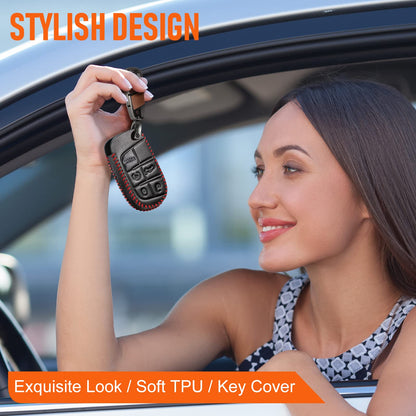 Slohif Key Fob Cover Keychain Accessories for Jeep for Grand Cherokee Renegade Chrysler 200 300 Dodge RAM Durango Charger Challenger Journey Dart Fiat 5 Buttons, leather Case+D-Ring+Hook(Black)