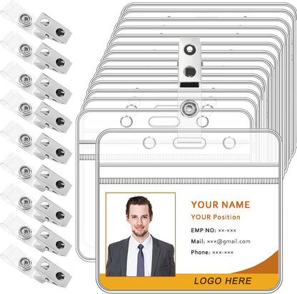 ID Badge Holder and Clips Extra Thick Clear Name Tag Card Holders Plastic Horizontal ID Badge Protector with Waterproof Resealable Zip