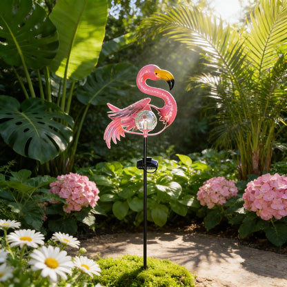 Pink Flamingo Lawn Light Garden Decor Solar Lights, for Yard Outdoor Decorations Ground Inserted Outdoor Waterproof Garden Lamp with Crackle Glass Ball LED (Warm White)