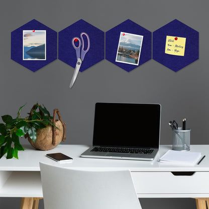 8 Packs Royal Blue Hexagon Felt Pin Board, 12" Bulletin Board with 30 Push Pins, Felt Board for Home Kitchen Office Decor, Self-Adhesive Corkboard Tiles for Walls Message Photos Memos Display