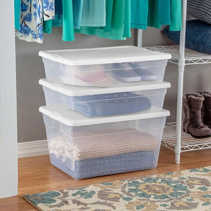 Sterilite 40 Pack Storage Box, 28 Quart Stackable Tote, Clear Plastic Container with Secure Snapping Lids for Home and Office Organization, White