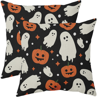 Robvobe Halloween Pillow Covers 22x22 Set of 2 Cute Ghost Pumpkin Print Outdoor Decorative Throw Pillows Halloween Scary Themed Farmhouse Pillowcases Linen Cushion Case Decor for Home Sofa Couch Bed
