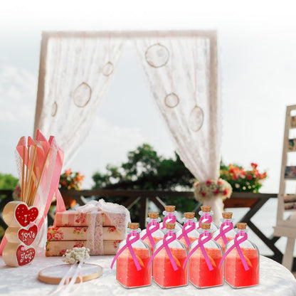 Baderke 12 Pcs Glass Bottles with Cork and Straw 4 oz Mini Empty Glass Bottle for Drinks Reusable Liquor Bottles with Silk Ribbon and Funnels for Cocktail, Wedding Party (Rose Red)