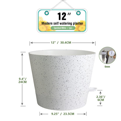 Meowell 12 inch Large Self Watering Pots, Plant Pots with Mesh Drainage Holes for Indoor Outdoor Plants, Plastic Planters with Deep Reservoir for Garden House Flower Plants, Speckled White