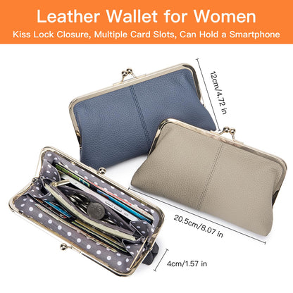 Leather Wallet for Women with Kiss Lock Closure, Multiple Card Slots, Smartphone Holder, 8.07 x 4.72 Inches (Black)