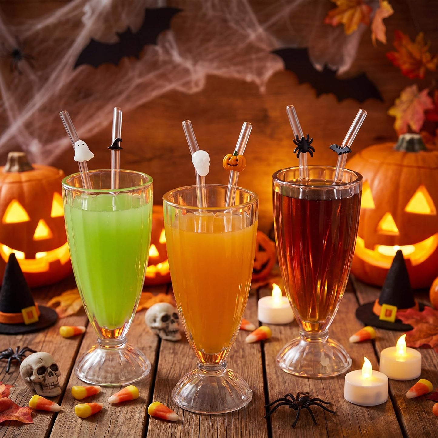 Meanplan 6 Pcs Halloween Glass Straws with Design Pumpkin Spider Ghost Bat Witch Hat Skull Reusable Shatter Resistant Clear Bent Straws with 2 Cleaning Brush for Drinks Cocktail Beverages