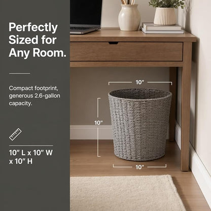 Household Essentials Woven Waste Basket, Gray Paper Rope Waste Bin for Bathroom, Bedroom, Office