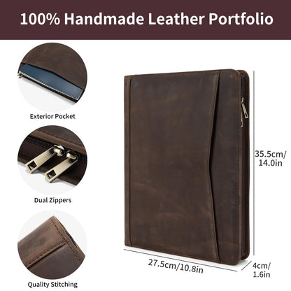 Geslun Genuine Leather Portfolio with Front Pocket for Men and Women, 8.5 x 11 Legal Pad Notepad Holder, Zippered Business Organizer, Professional Executive Letter Notebook Folder for Work, Dark Khaki