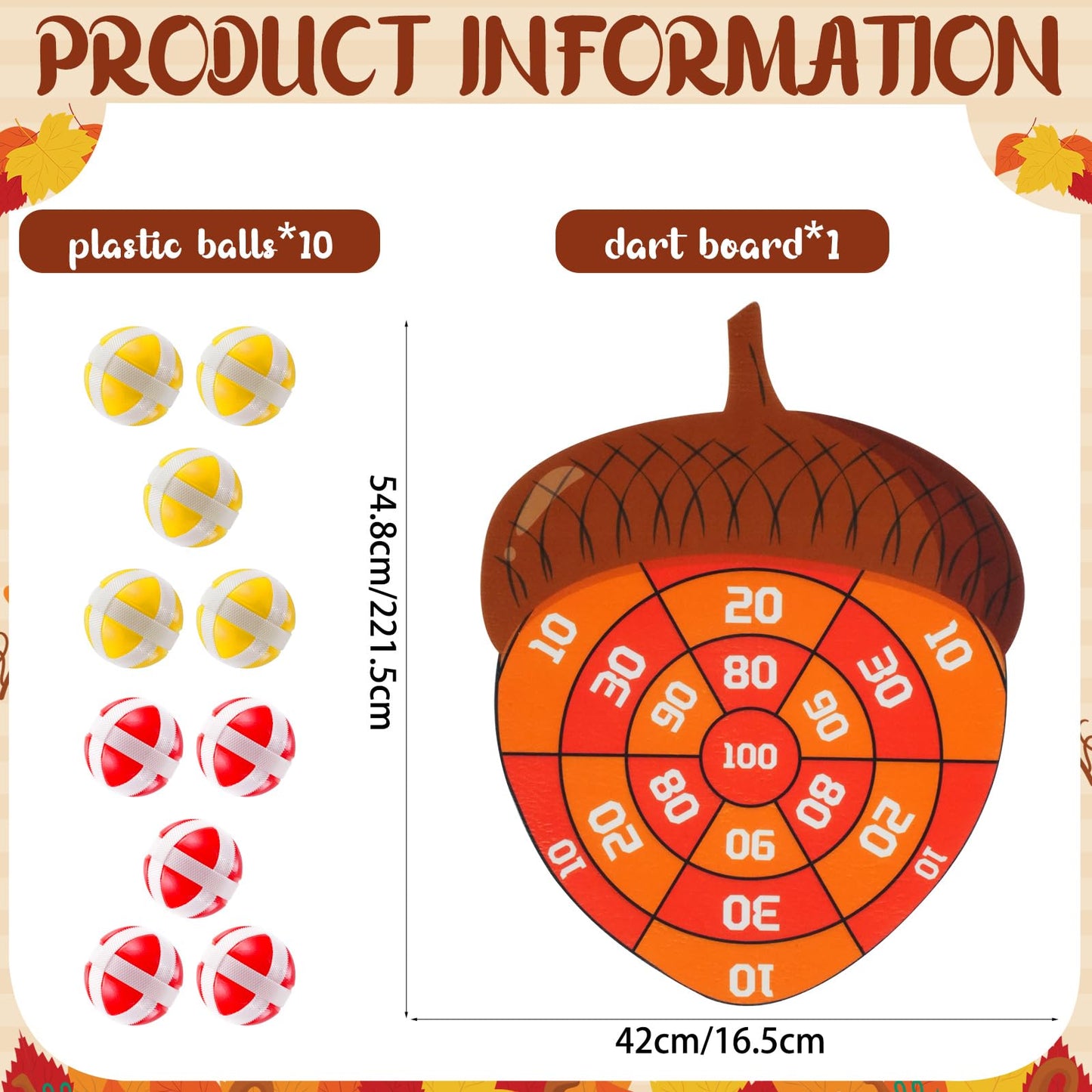 TEASIK Thanksgiving Acorn Dart Board - Fall Crafts for Kids,Halloween & Thanksgiving Decorations with 10 Balls,Autumn Party Wall Decor for Family Game Night (21.3x16.5 Inch)