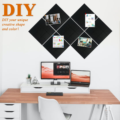 HULAVO Large Square Felt Cork Board Tiles, Self Adhesive DIY Felt Bulletin Board Pin Board with 35 Pushpins for Office School Home Wall Decor Stickers Memos Photos Display (Black)