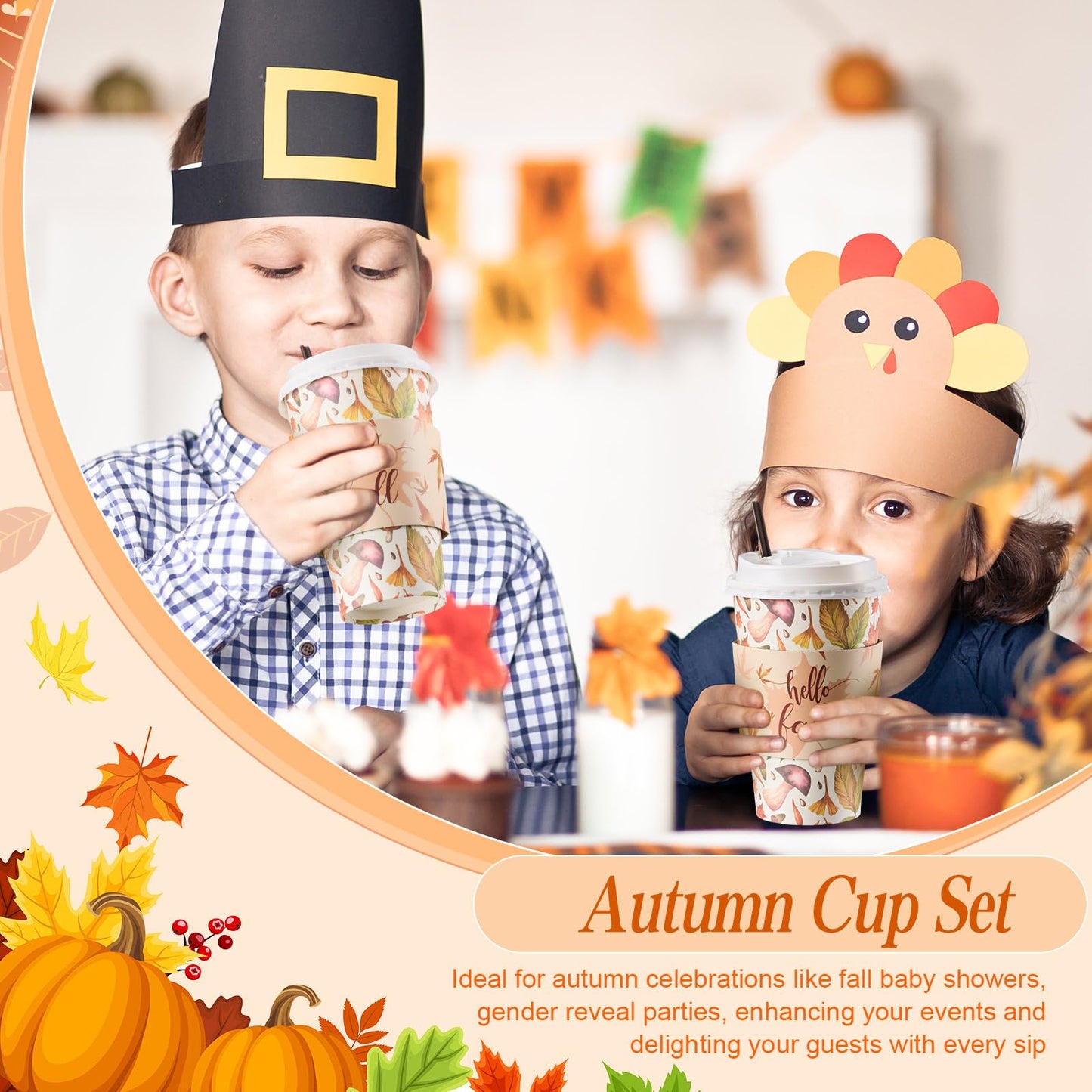 Pickmesh 50 Set Fall Disposable Coffee Cups Sets, 12oz Pumpkin Maple Leaves Thanksgiving Coffee Paper Drinking Cups with Lids, Sleeves and Stirrers for Autumn Fall Harvest Party Supplies
