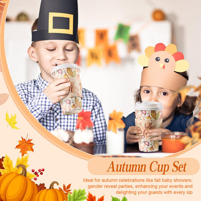 Pickmesh 50 Set Fall Disposable Coffee Cups Sets, 12oz Pumpkin Maple Leaves Thanksgiving Coffee Paper Drinking Cups with Lids, Sleeves and Stirrers for Autumn Fall Harvest Party Supplies