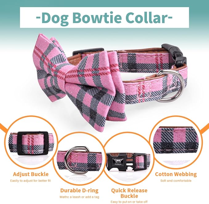 IVY&LANE Dog Collar with Bowtie and Leash Set | Plaid Adjustable Dog Collar | Detachable Bow Tie |5 FT Dog Leash | for Small Medium Large Dogs | Checkered Pink | Large