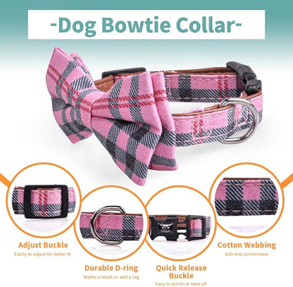 IVY&LANE Dog Collar with Bowtie and Leash Set | Plaid Adjustable Dog Collar | Detachable Bow Tie |5 FT Dog Leash | for Small Medium Large Dogs | Checkered Pink | Large