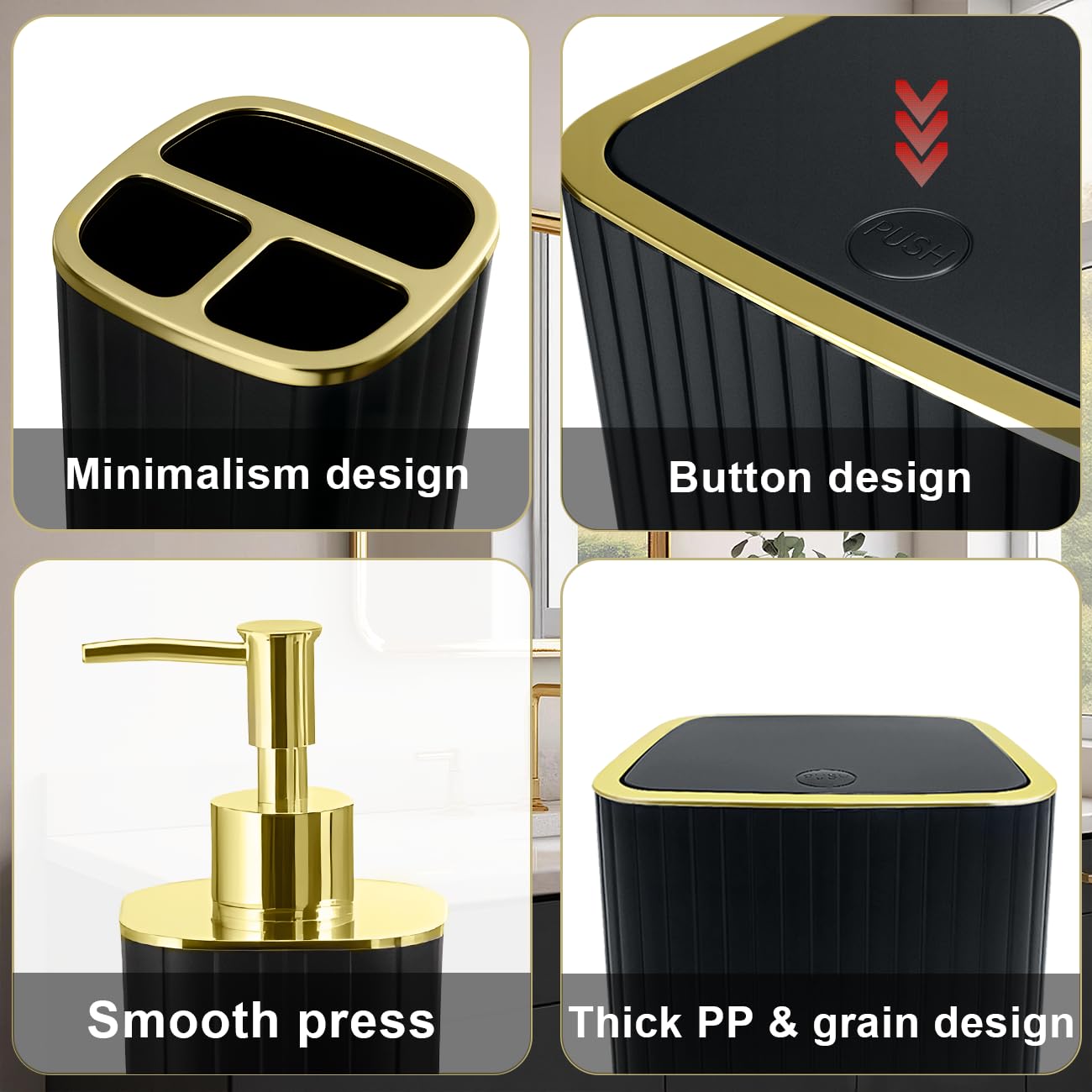 9PC Set Black and Gold Bathroom Accessories Set with Trash Can, Toilet Brush,Soap Dispenser, Q-Tip Holder | Modern Home Bath Essentials (Black and Gold)