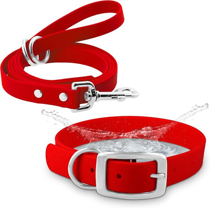 Regal Dog Products Medium Red Waterproof Dog Collar and Leash Set | Heavy Duty Double Buckle & D Ring - 5'ft Leash | Adjustable Biothane Dog Collar | Chew Resistant Waterproof Collar for Dogs