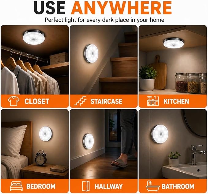 Motion Sensor Night Light Rechargeable, Magnetic Puck Lights, 3 Modes & Dimmable, Motion Sensor Stair Lights Indoor for Bedroom Bathroom Kitchen Hallway Cruise (White Light)