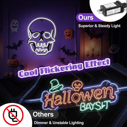 Flickering 13.5" Skull Neon Sign, 396 LED Pre-lit Skull Lights Plug in Hanging Scary Spooky Outdoor Halloween Decor for Yard, Porch, Garage, Party - Cool White　(No Constant Light)
