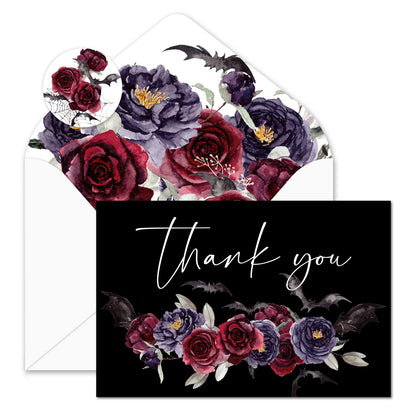 25 Pack Floral Thank You Cards Halloween Flower Bat Greeting Cards Spooky Blank Note Card for Holiday Baby Shower Party Invitation Supplies, 4 x 6 Inch