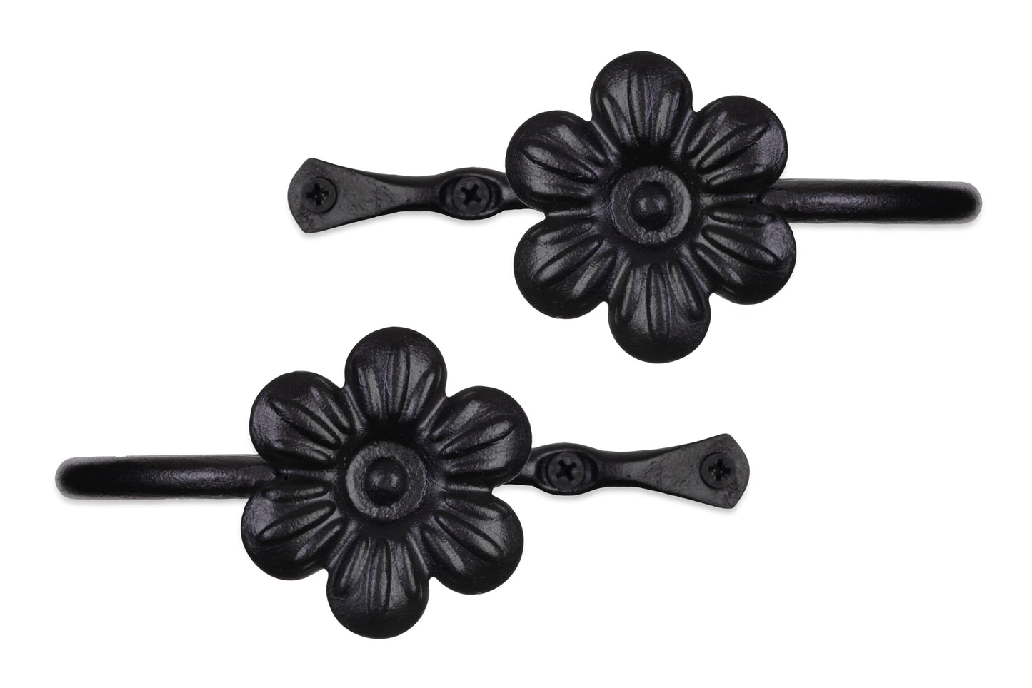 RTZEN Decorative Metal Curtain Tiebacks - Farmhouse Wrought Iron Curtain Holdbacks - Drapery Holders for Wall - Unique Metal Tie Backs for Curtains - 2 Pcs (Black Flower)