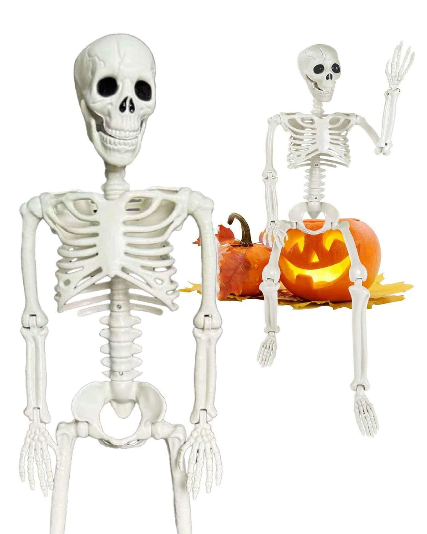 16" Poseable Halloween Skeleton Decor Realistic Bone Textured Plastic with Skull Hook, Hanging Decor for Spooky House & Graveyard Scenes